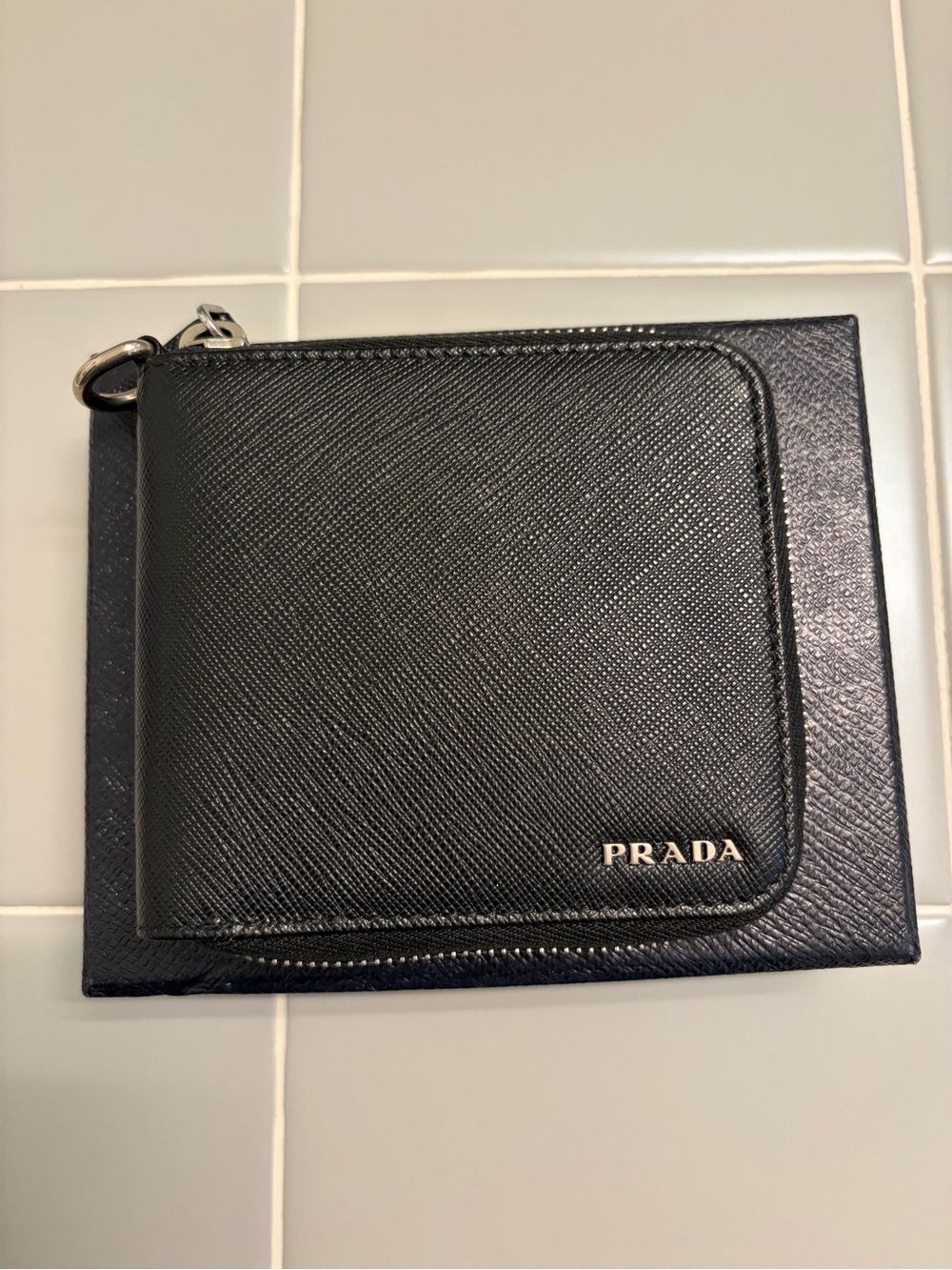 Prada Black Saffiano Leather Zip Wallet with Silver Hardware and Chain